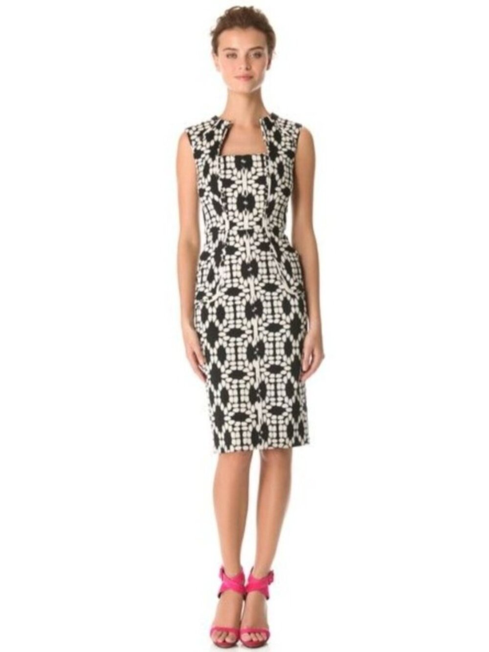 Lela Rose Black and White Print Sheath Midi Dress Square Neck Cap Sleeves Size 2
